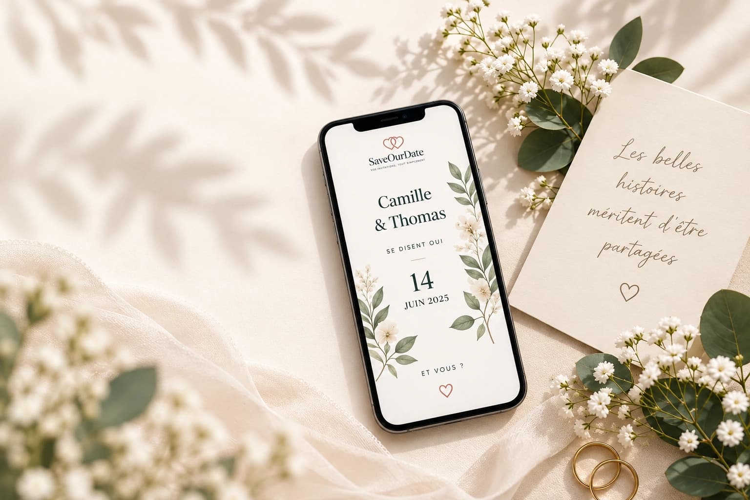 Invitation de mariage SaveOurDate présentée sur un smartphone